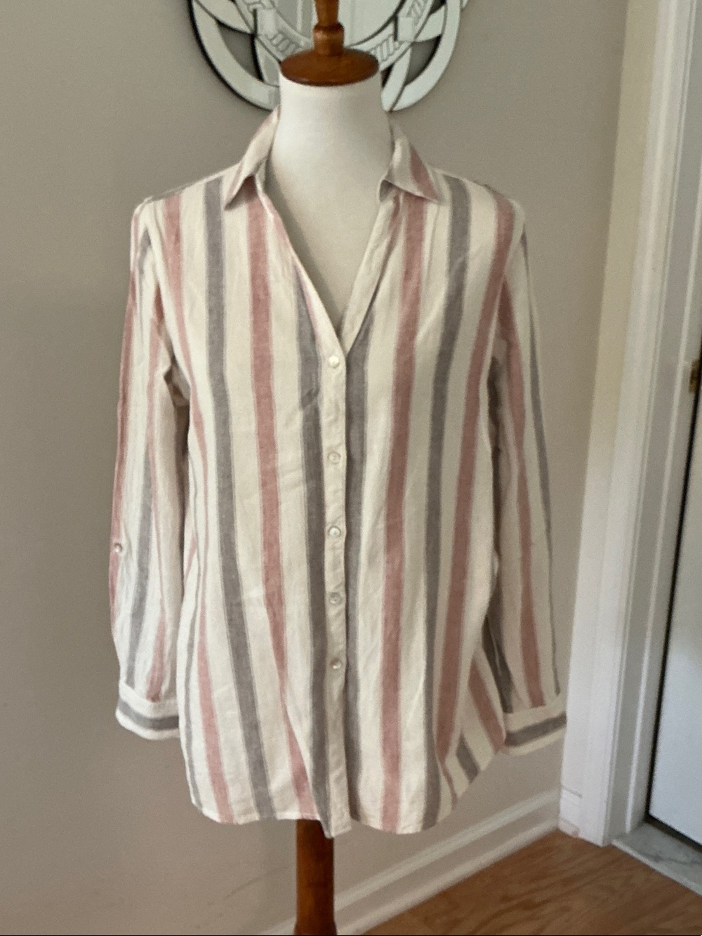 Tahari Cream Button-Up Blouse with Pink and Gray Stripes